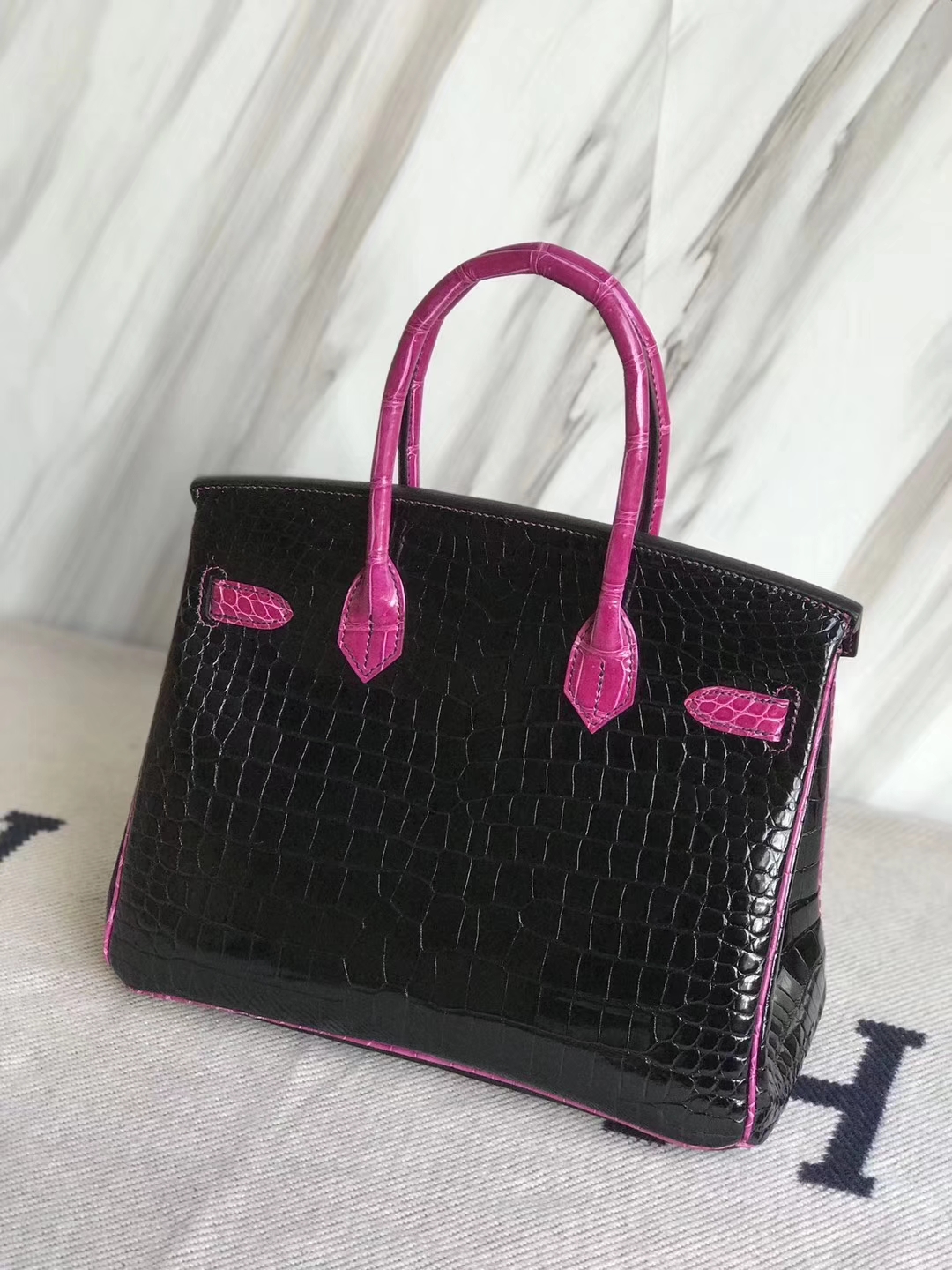 エルメスバーキンバッグエルメスシャイニーベイクロコダイルレザープラチナバッグBirkin30CMCK89ブラック/J5アラビアンナイトピンクパープル