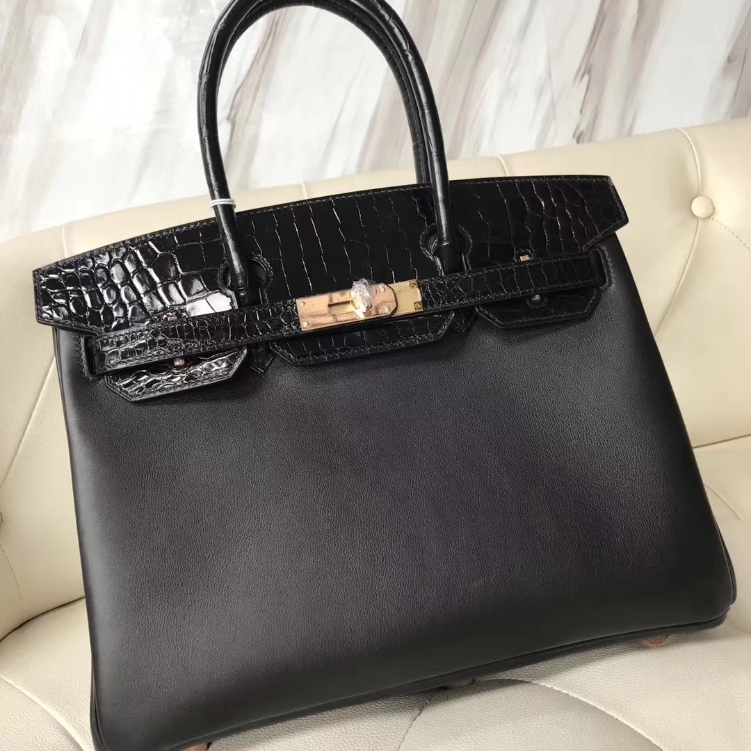 エルメスバーキンバッグエルメスブラックスウィフトレザーと光沢のあるクロコダイルレザープラチナバッグBirkin35CMローズゴールドバックル