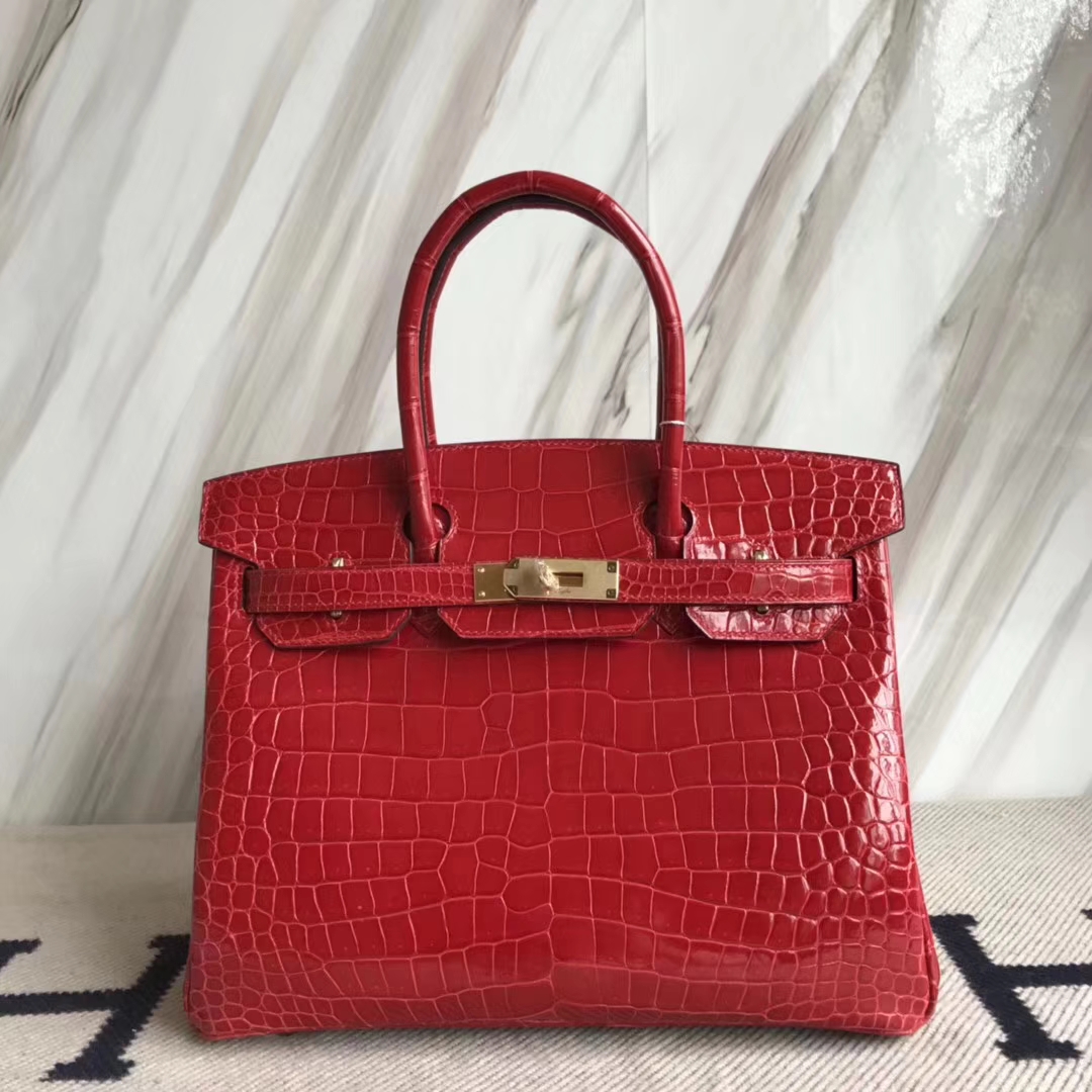 広州バッグ卸売エルメスエルメスCK95フェラーリレッドシャイニークロコダイルレザープラチナバッグBirkin30CMゴールドバックル