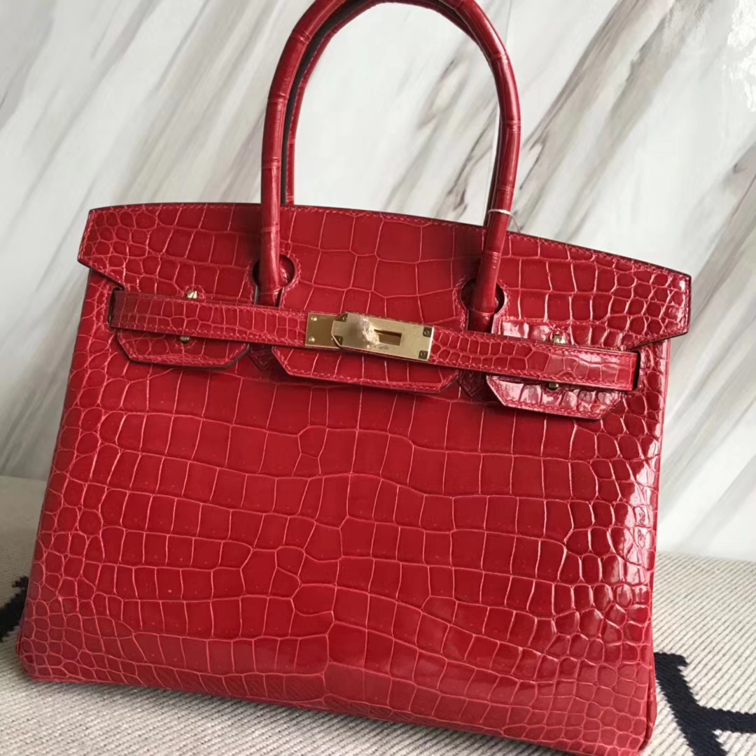 広州バッグ卸売エルメスエルメスCK95フェラーリレッドシャイニークロコダイルレザープラチナバッグBirkin30CMゴールドバックル