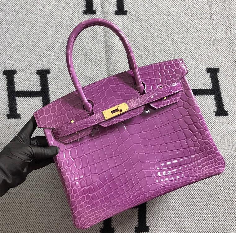 スポットエルメスバッグ公式サイトエルメスラベンダーパープルシャイニークロコダイルレザープラチナバッグBirkin30Mゴールドバックル