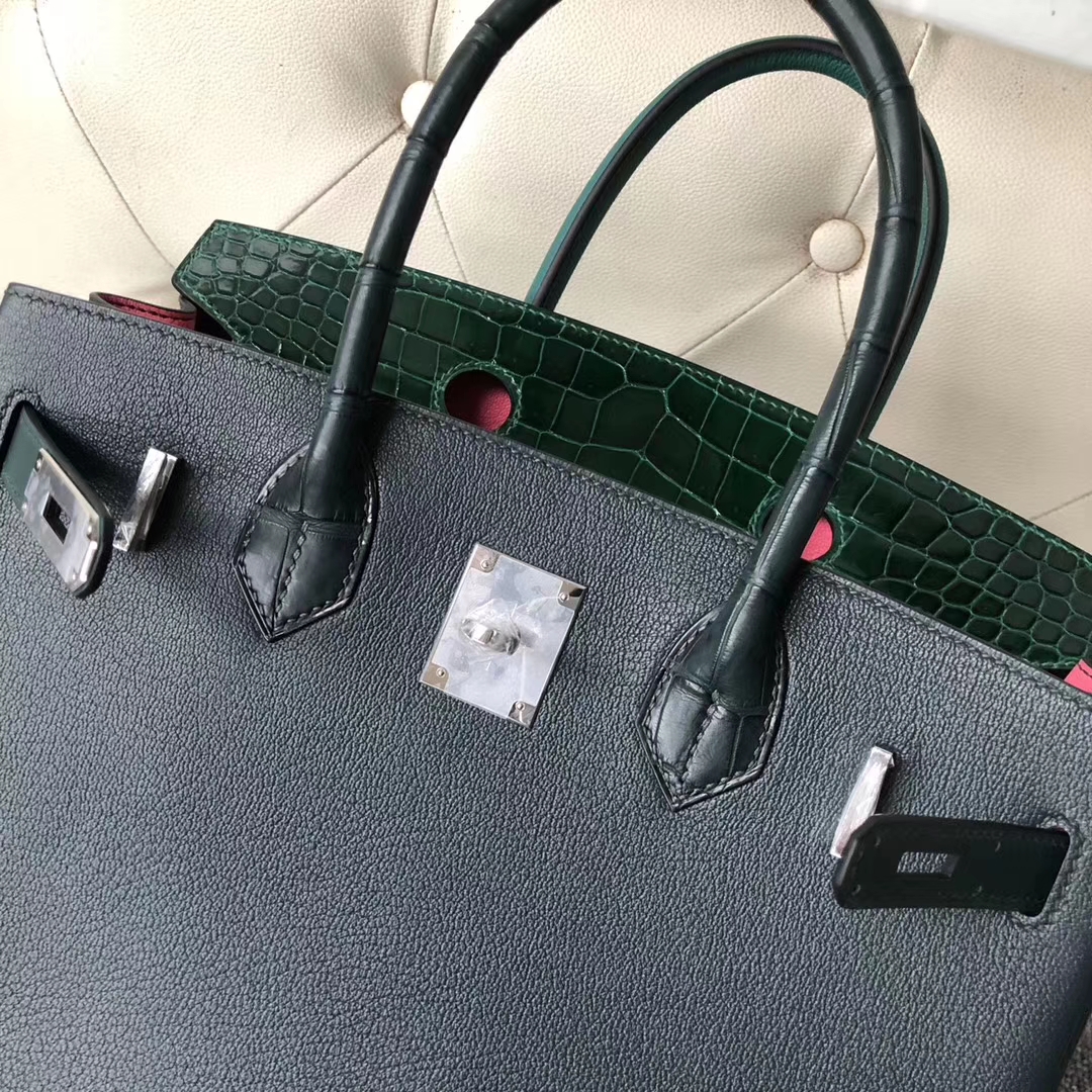 エルメスBirkin30CMエルメス限定8色マッチングクロコダイルレザーとヤギレザータッチシリーズプラチナバッグシルバーバックル