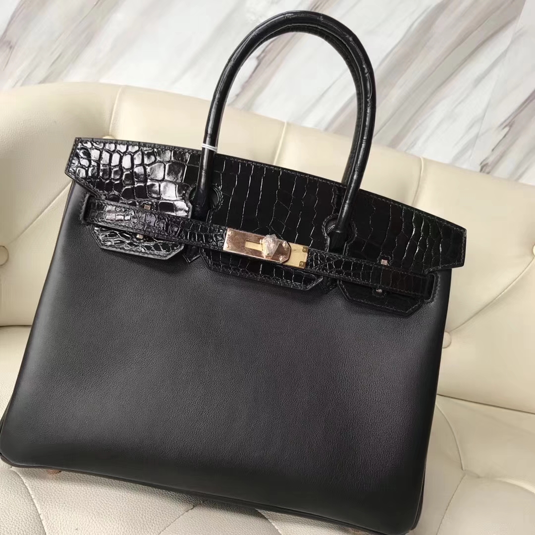 エルメスバーキンバッグエルメスブラックスウィフトレザーと光沢のあるクロコダイルレザープラチナバッグBirkin35CMローズゴールドバックル