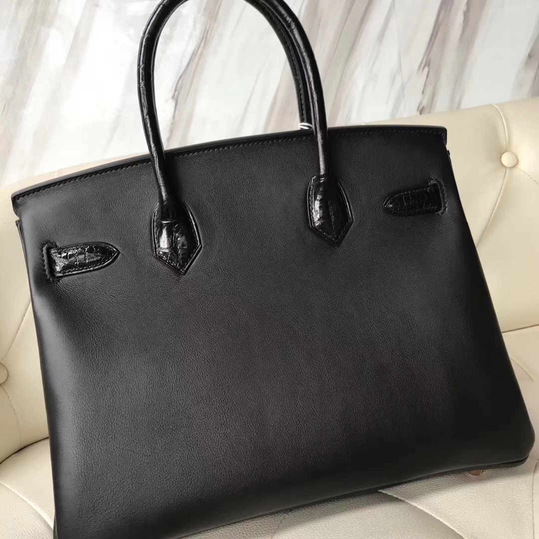 エルメスバーキンバッグエルメスブラックスウィフトレザーと光沢のあるクロコダイルレザープラチナバッグBirkin35CMローズゴールドバックル