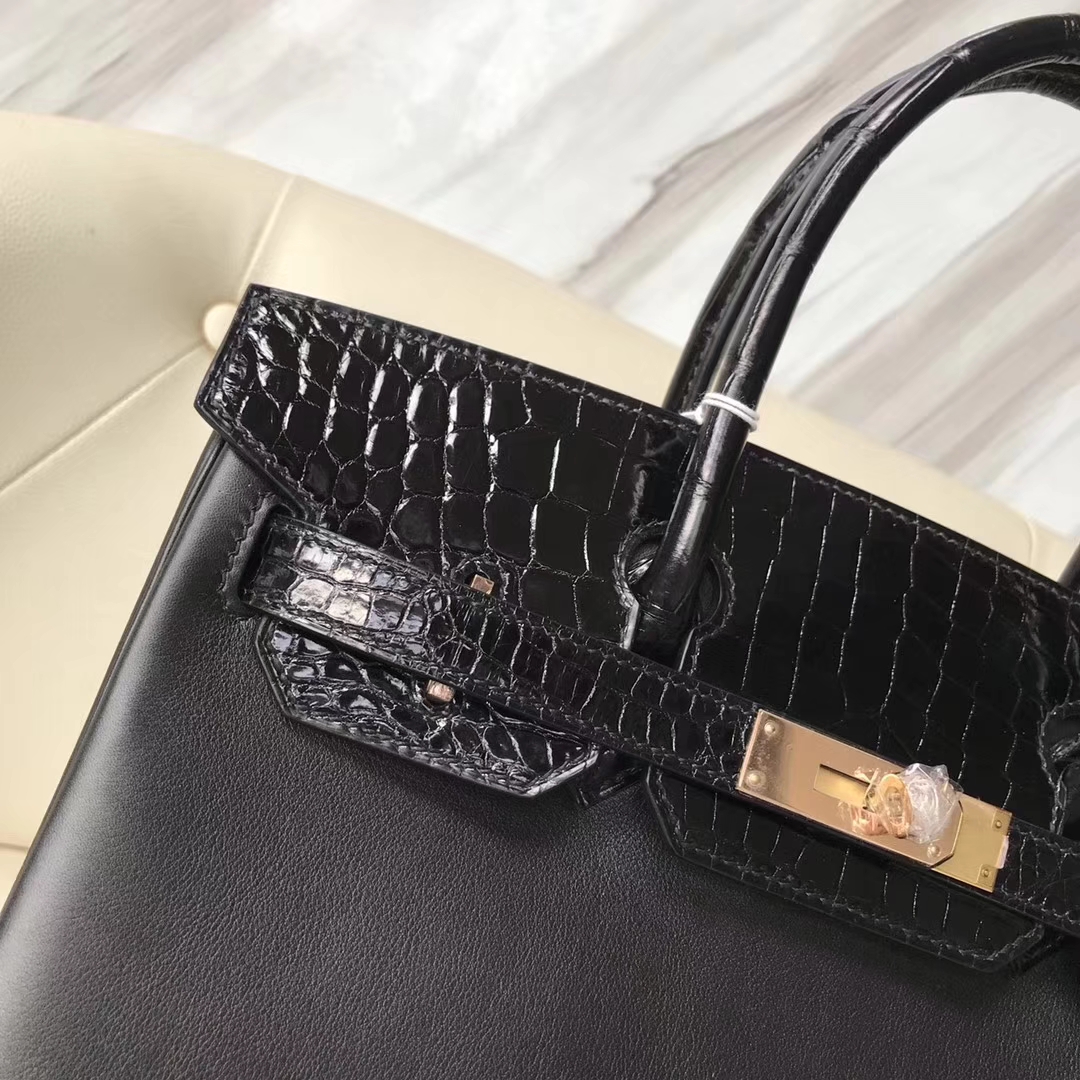 エルメスバーキンバッグエルメスブラックスウィフトレザーと光沢のあるクロコダイルレザープラチナバッグBirkin35CMローズゴールドバックル