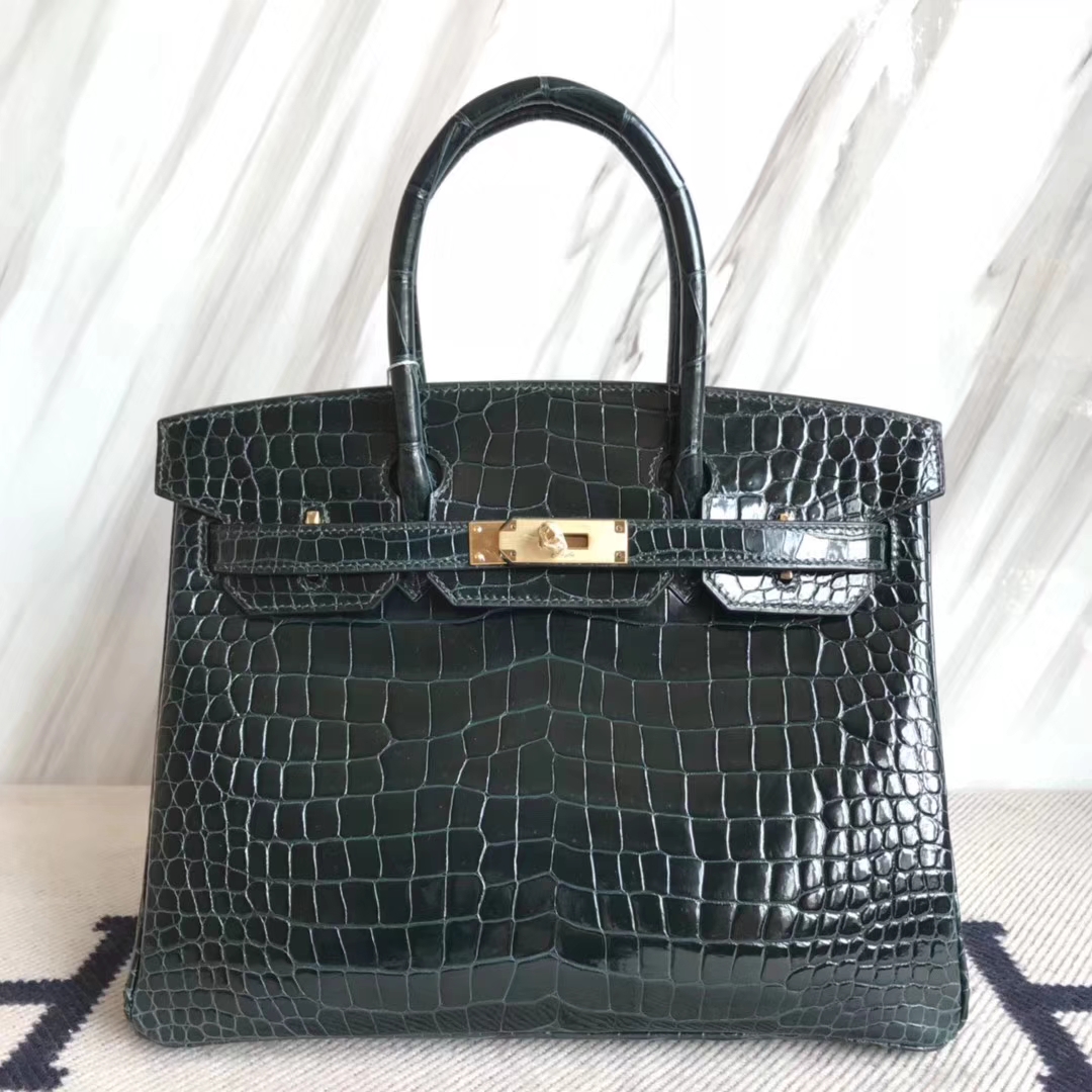 エルメスBirkin30CMエルメスシャイニークロコダイルレザープラチナバッグバーキンレディースバッグ1Pダックグリーンゴールドバックル