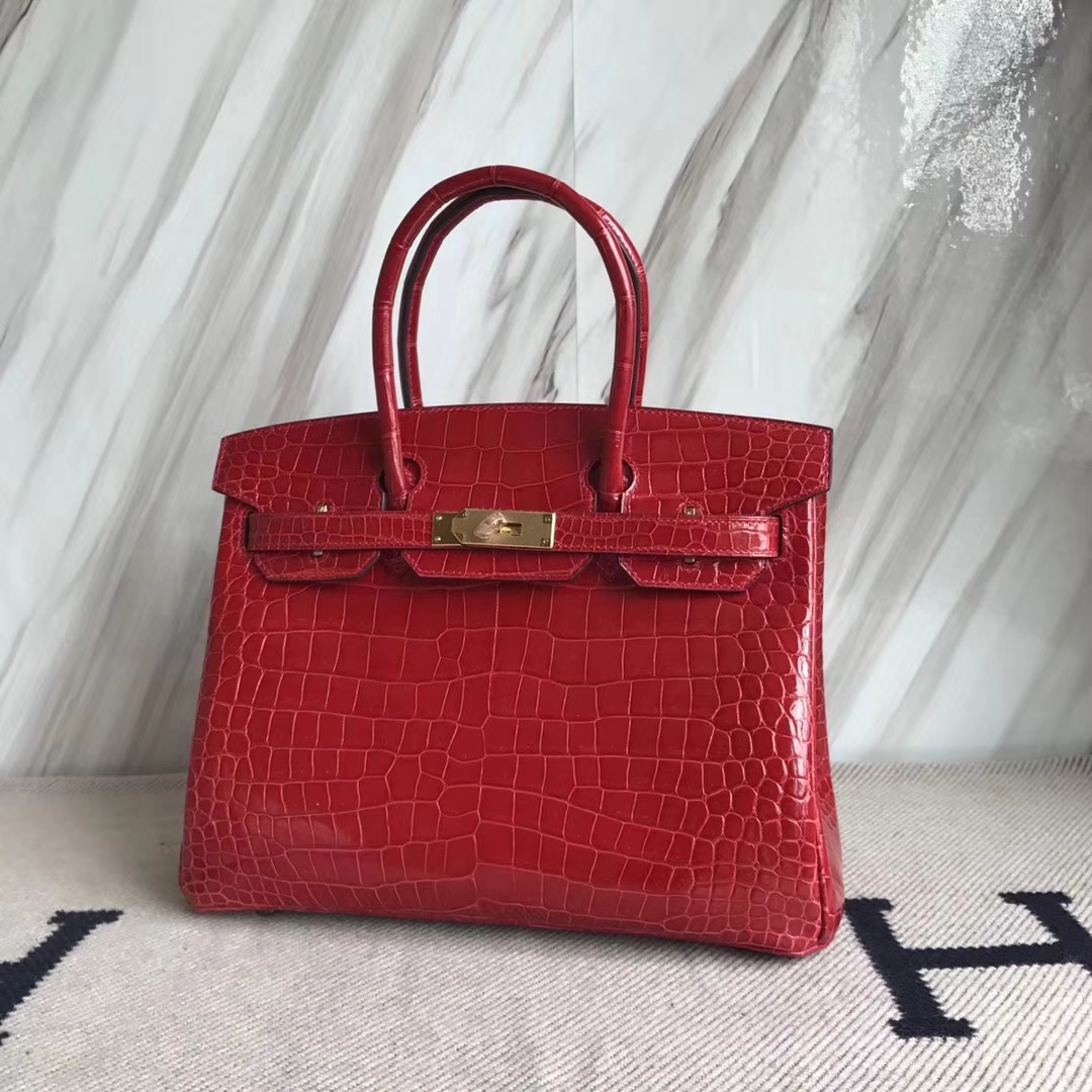 エルメスバーキンバッグエルメスシャイニークロコダイルレザープラチナバッグBirkin30CMCK95フェラーリレッドゴールドバックル