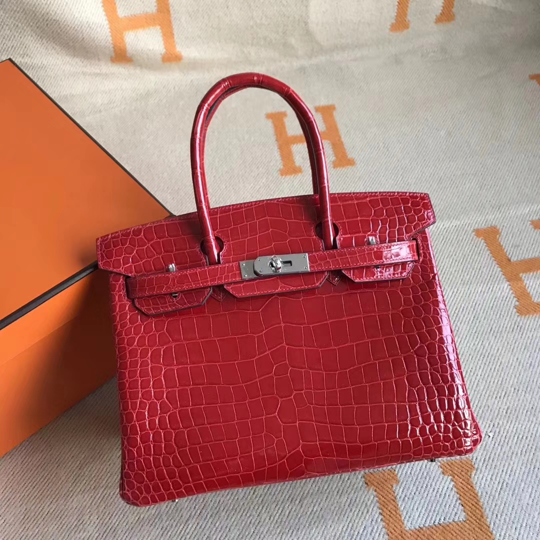 エルメスバーキンバッグエルメスシャイニークロコダイルレザープラチナバッグBirkin30CMシルバーバックル