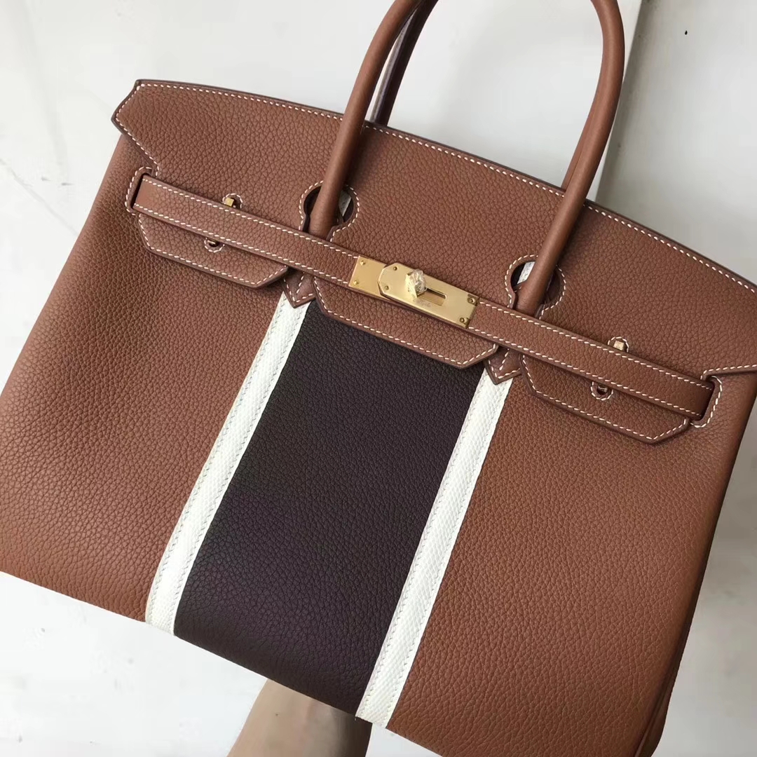 エルメスバーキンバッグエルメストーゴレザーとトカゲの皮のカラーマッチングプラチナバッグBirkin35CMゴールドバックル