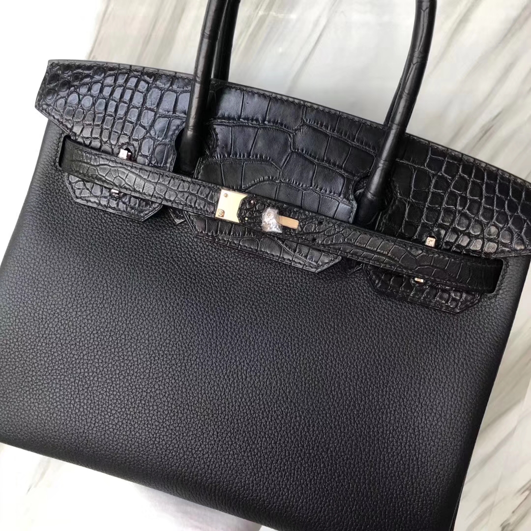 カスタムエルメスBirkin30CMエルメスブラックマットクロコダイルレザーとトーゴレザープラチナバッグローズゴールドバックル