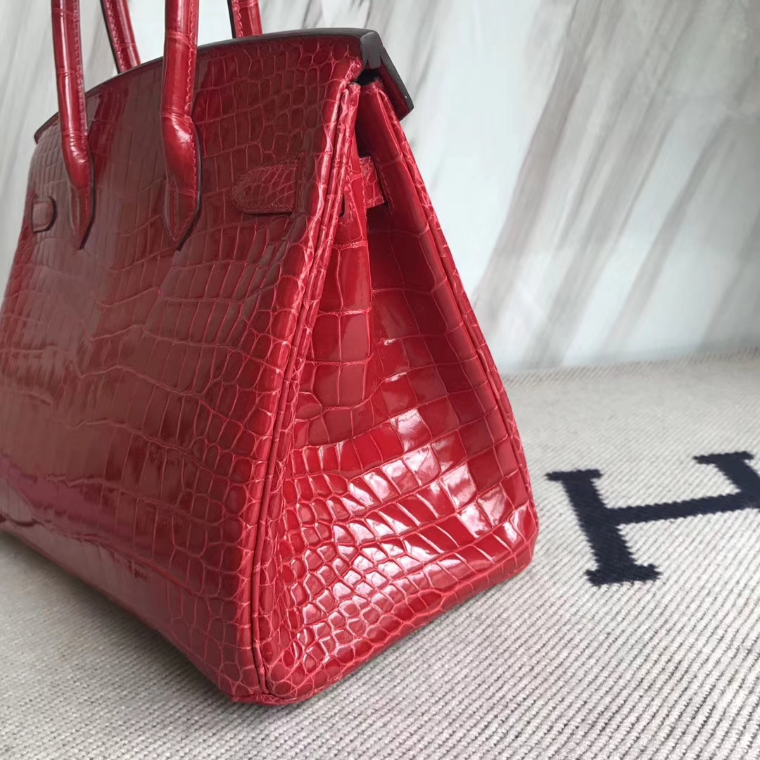 エルメスバーキンバッグエルメスシャイニークロコダイルレザープラチナバッグBirkin30CMCK95フェラーリレッドゴールドバックル