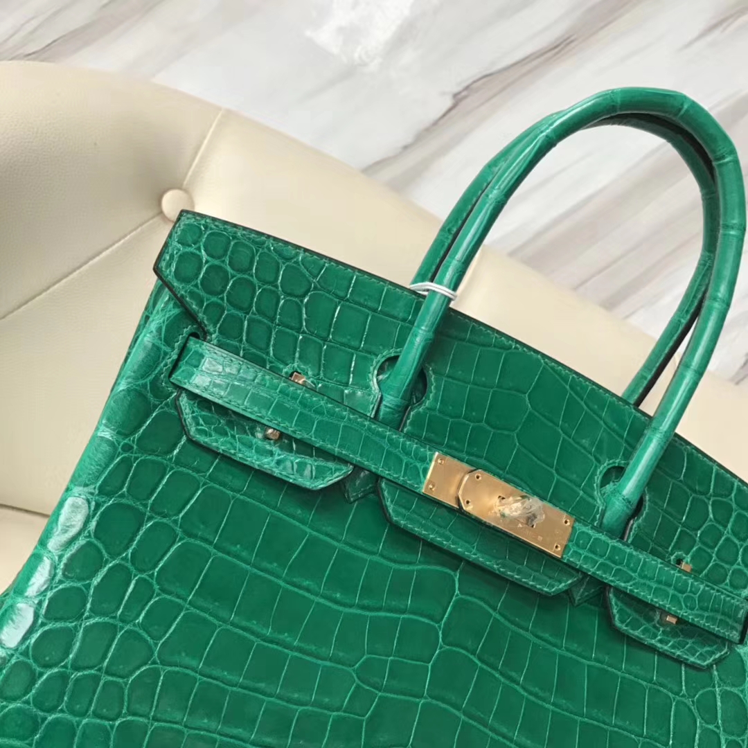 エルメスバーキンレディースバッグエルメスシャイニークロコダイルレザープラチナバッグBirkin30CM6Qエメラルドグリーンゴールドバックル