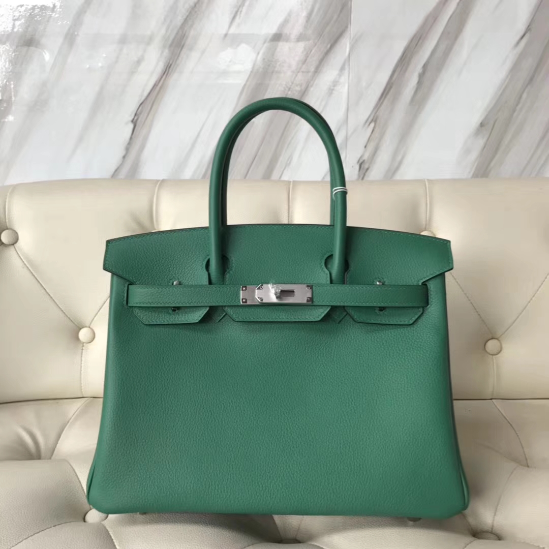 エルメスバーキンバッグエルメスオリジナルライチグレイン牛革プラチナバッグBirkin30CMU4ベルベットグリーンシルバーバックル