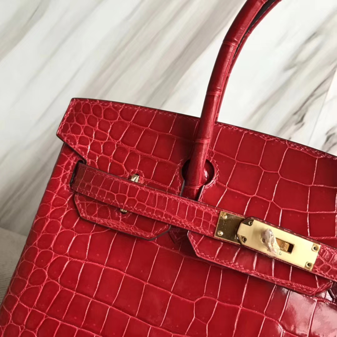 広州バッグ卸売エルメスエルメスCK95フェラーリレッドシャイニークロコダイルレザープラチナバッグBirkin30CMゴールドバックル