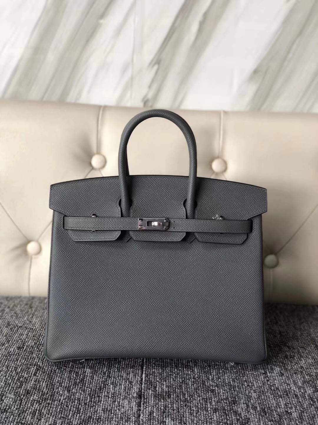 カスタムエルメスBirkin25CMエルメスCC63アプリコットグリーンパームグレイン牛革プラチナバッグシルバーバックル