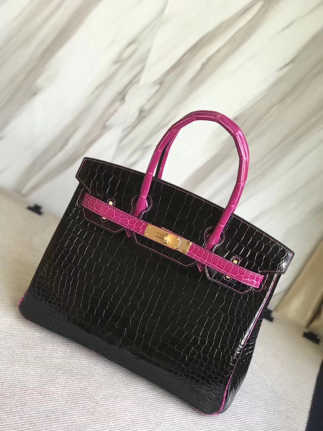 エルメスバーキンバッグエルメスシャイニーベイクロコダイルレザープラチナバッグBirkin30CMCK89ブラック/J5アラビアンナイトピンクパープル