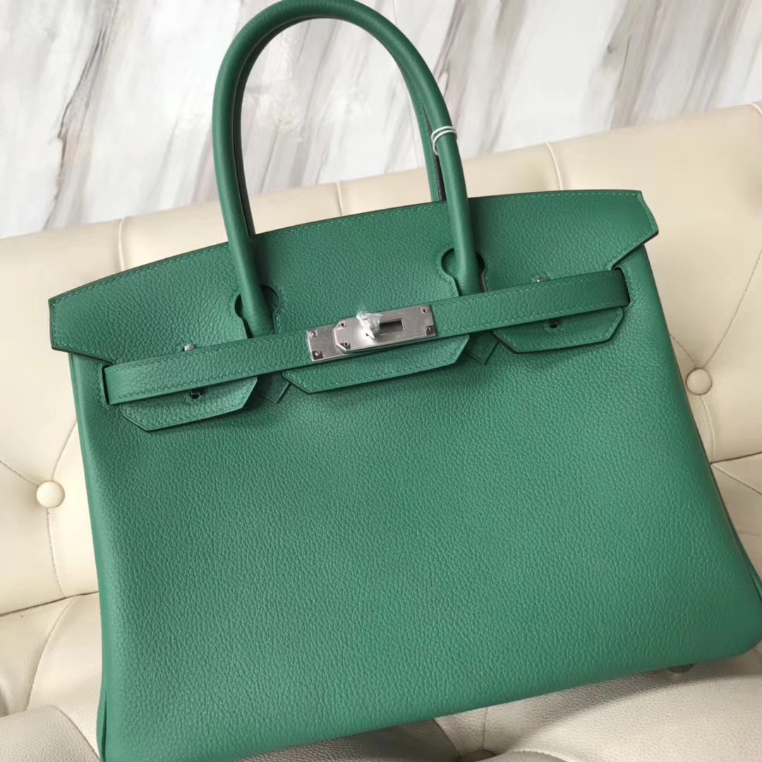 エルメスバーキンバッグエルメスオリジナルライチグレイン牛革プラチナバッグBirkin30CMU4ベルベットグリーンシルバーバックル