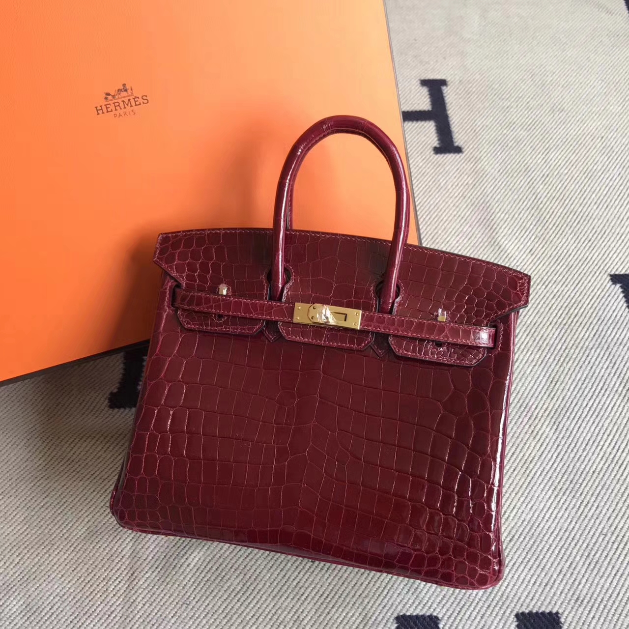 エルメスレディースバッグ新しいエルメスプラチナバッグBirkin25cmF5ブルゴーニュワインレッドシャイニークロコダイルレザーゴールドバックル