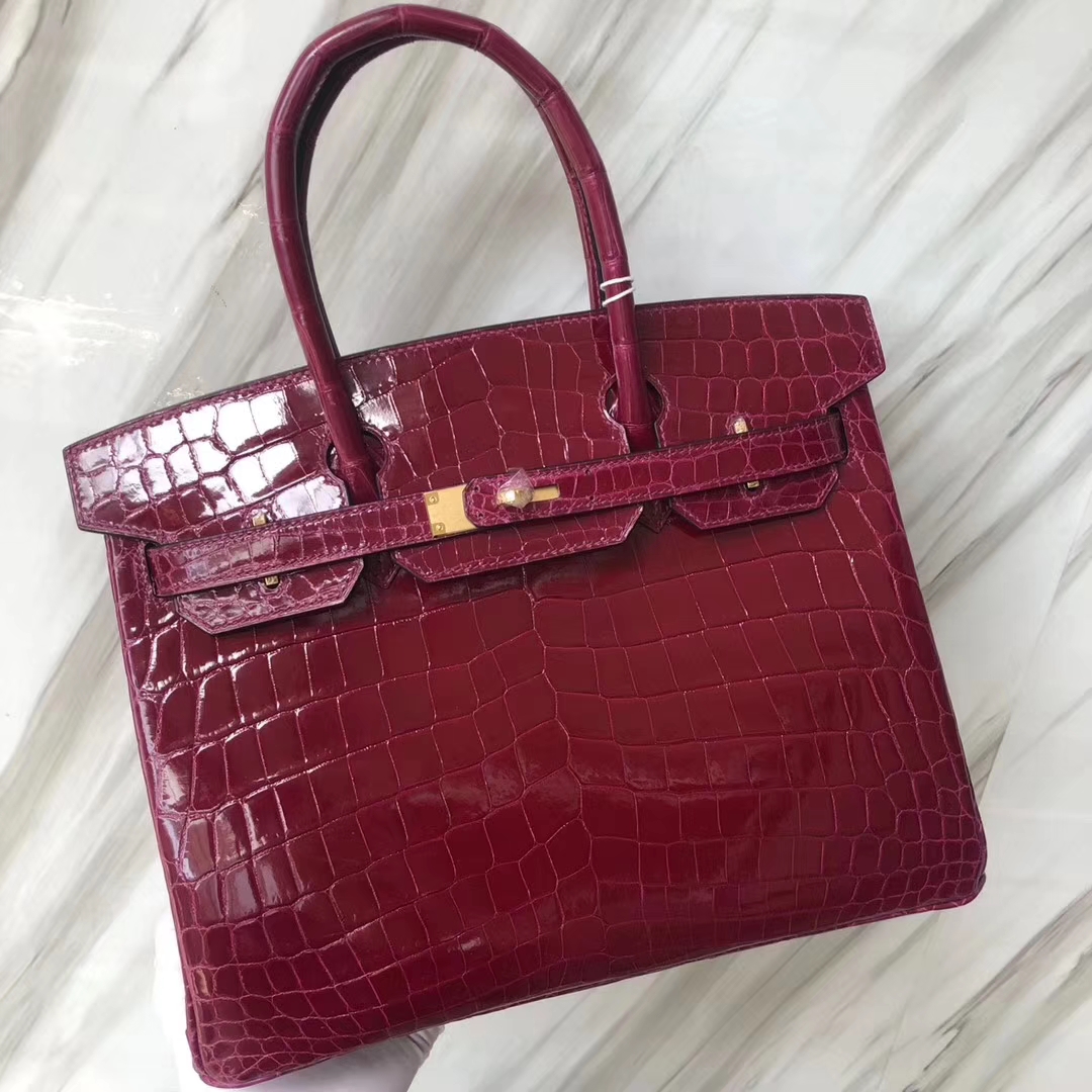 スポットエルメスバーキンレディースバッグエルメスシャイニークロコダイルレザーN5ガロンパープルプラチナバッグBirkin30CMゴールドバックル