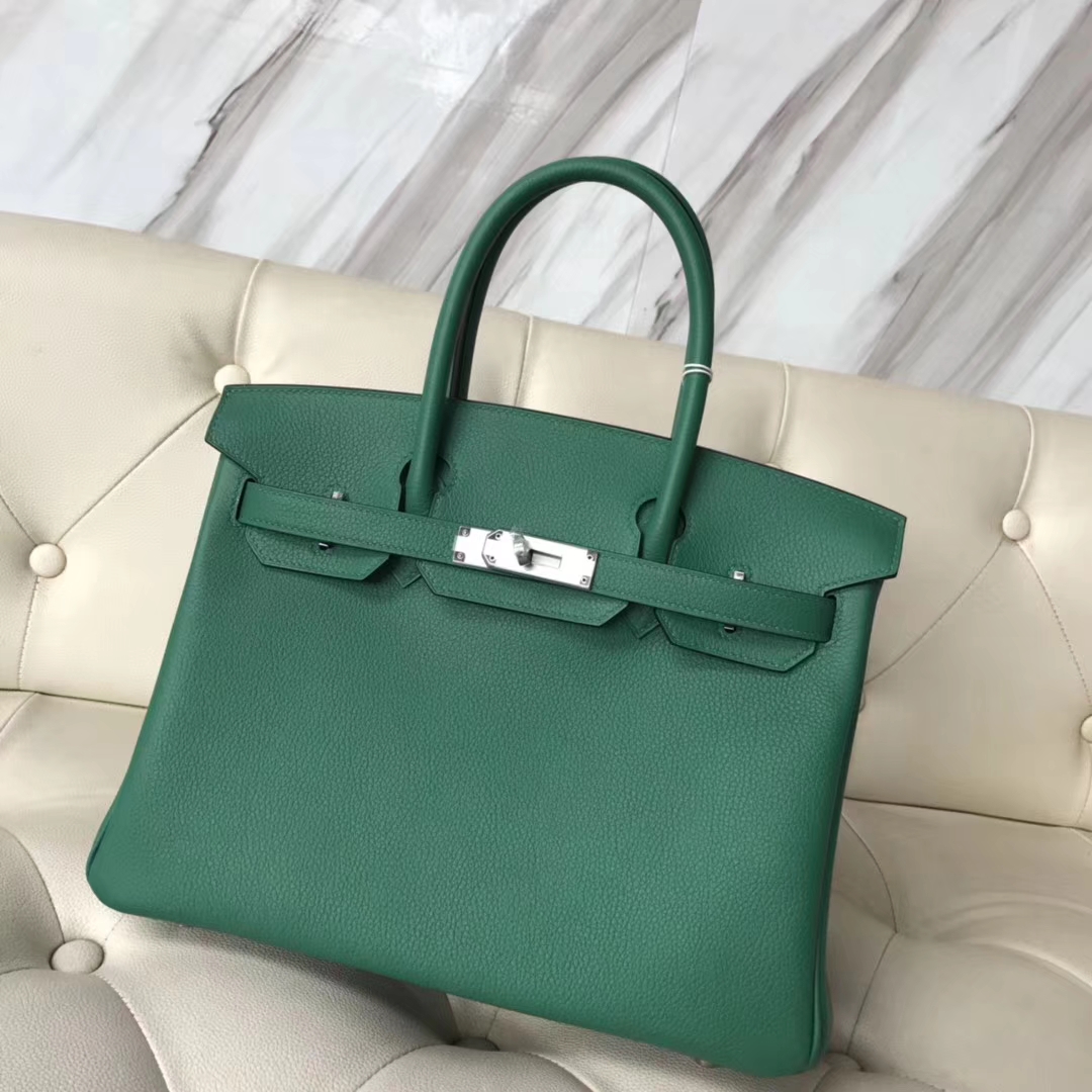 エルメスバーキンバッグエルメスオリジナルライチグレイン牛革プラチナバッグBirkin30CMU4ベルベットグリーンシルバーバックル