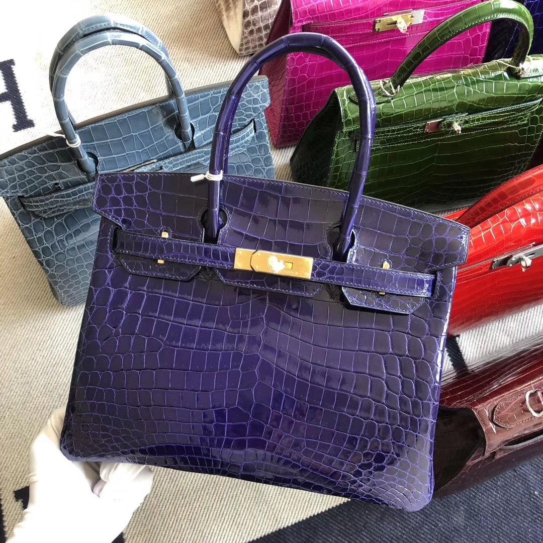 スポットエルメスBirkin30CMエルメス7T電気光学ブルー光沢クロコダイルレザープラチナバッグゴールドバックル