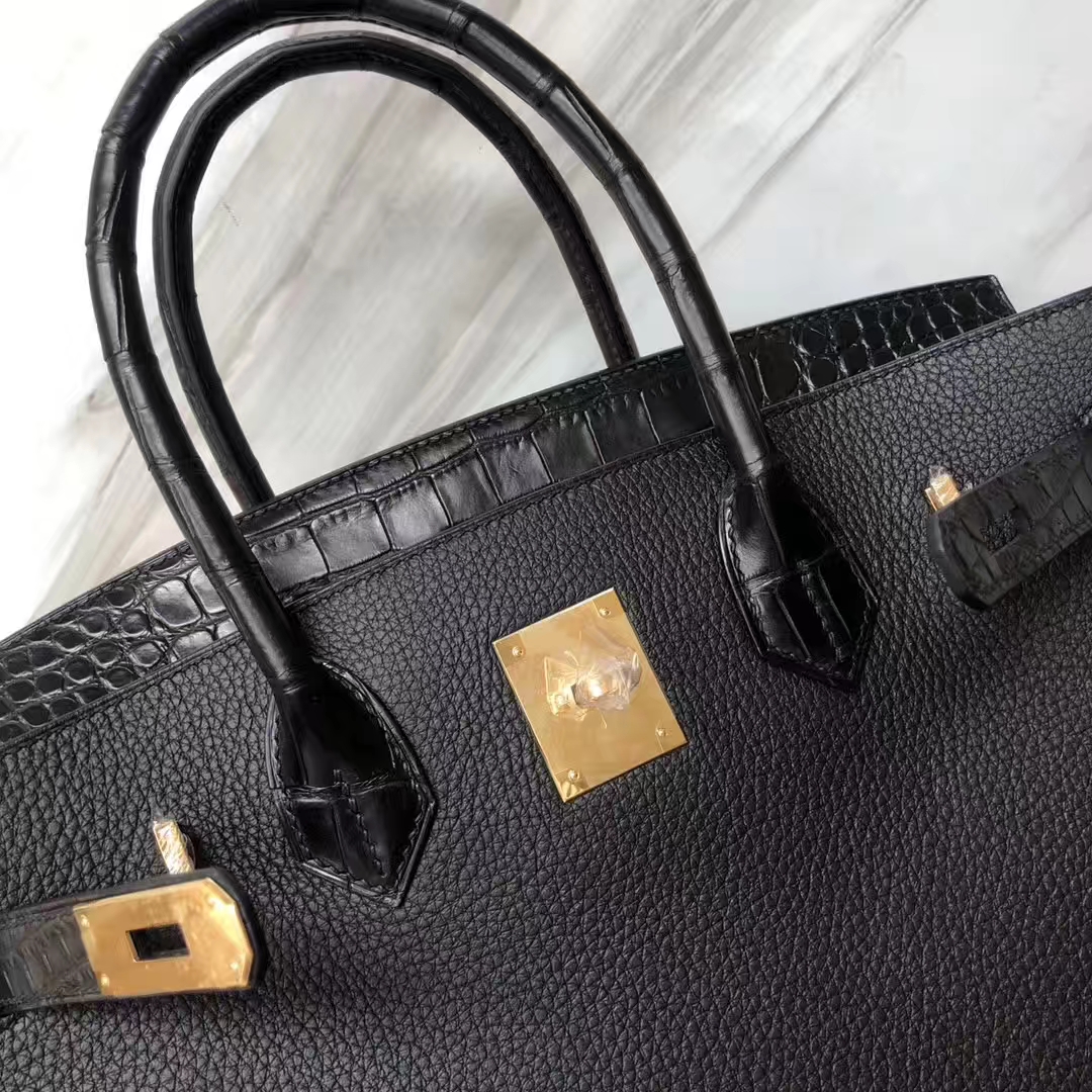 カスタムエルメスBirkin30CMエルメスプラチナバッグCK89ブラックマットクロコダイルレザー、トーゴ牛革ゴールドバックル付き