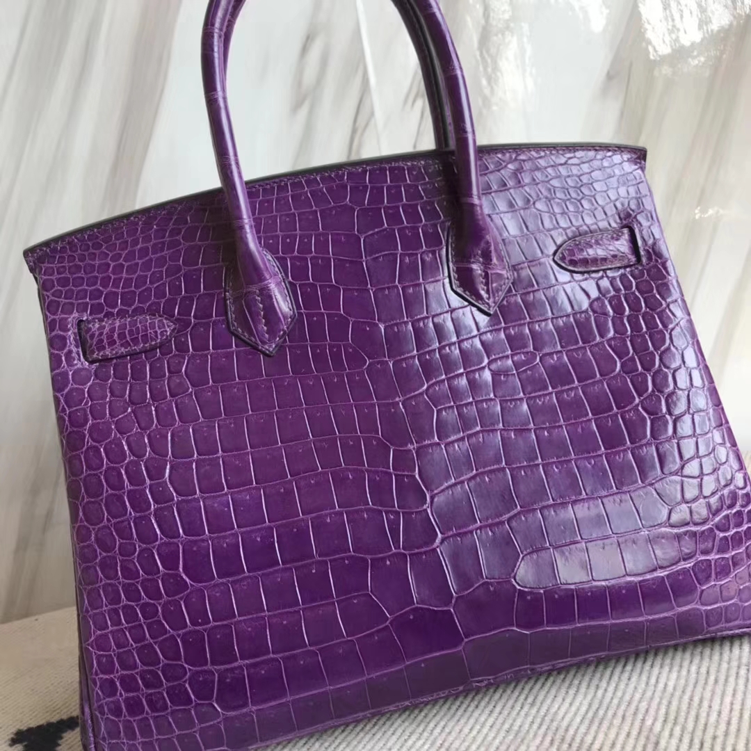 エルメスバーキンレディースバッグエルメスグレープパープルシャイニークロコダイルレザープラチナバッグBirkin30CMゴールドバックル