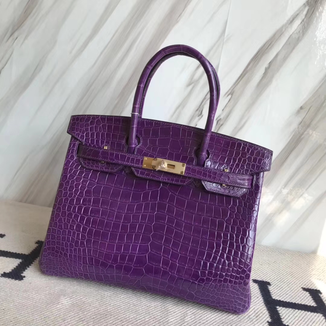 エルメスバーキンレディースバッグエルメスグレープパープルシャイニークロコダイルレザープラチナバッグBirkin30CMゴールドバックル