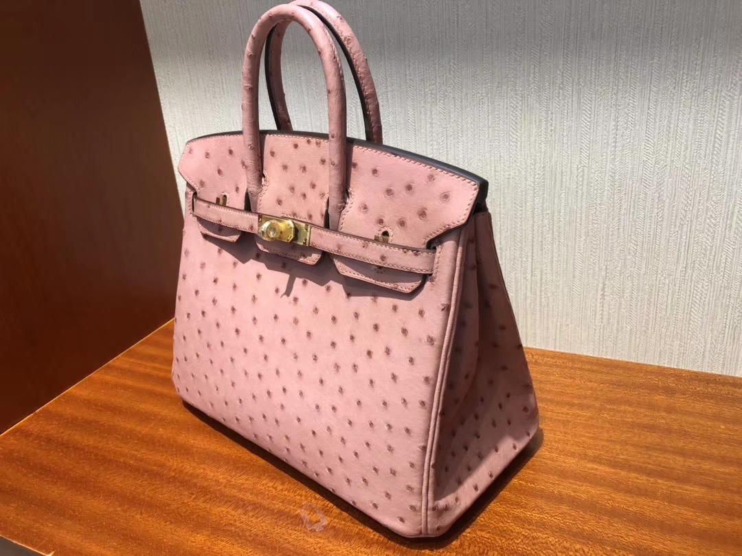 スポットエルメスエルメスCC94セラミックパウダーKKダチョウレザープラチナバッグBirkin25CMゴールドバックル