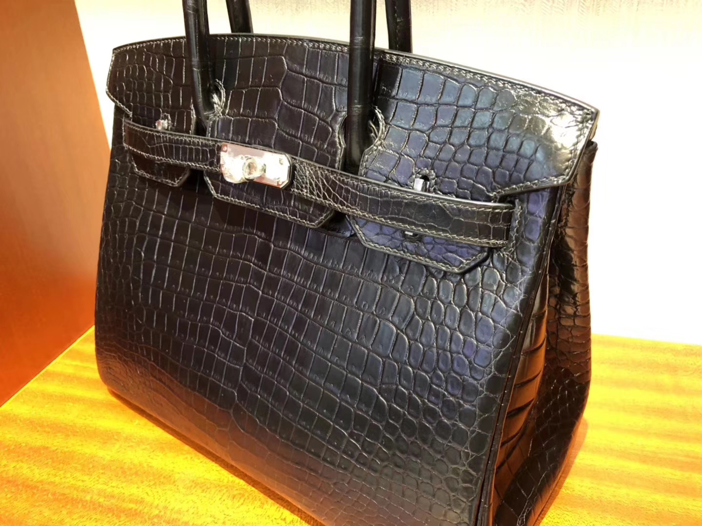 スポットエルメスバーキンバッグエルメスマットクロコダイルレザープラチナバッグBirkin30CMck89ブラックシルバーバックル