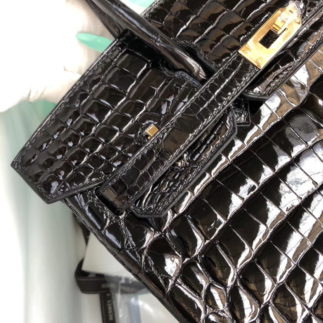 スポットエルメスバーキンレディースバッグエルメスシャイニーアーチビーズクロコダイルレザープラチナバッグBirkin25CMCK89ブラックゴールドバックル