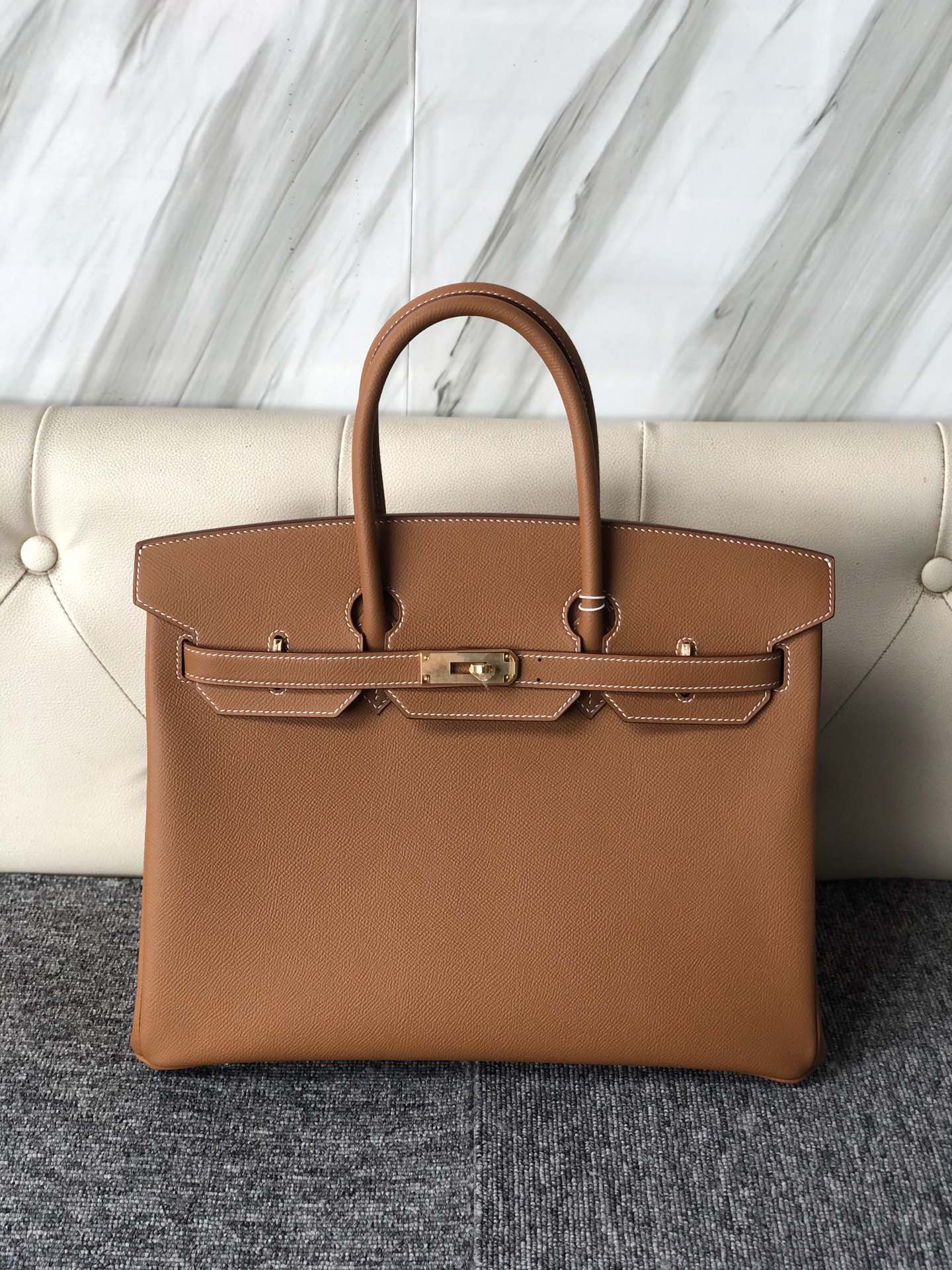 トップハンドステッチエルメスプラチナバッグエルメスオリジナルパームグレイン牛革Birkin35CMCK37ゴールデンブラウンゴールドバックル