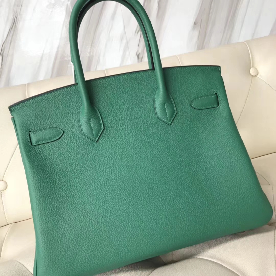 エルメスバーキンバッグエルメスオリジナルライチグレイン牛革プラチナバッグBirkin30CMU4ベルベットグリーンシルバーバックル