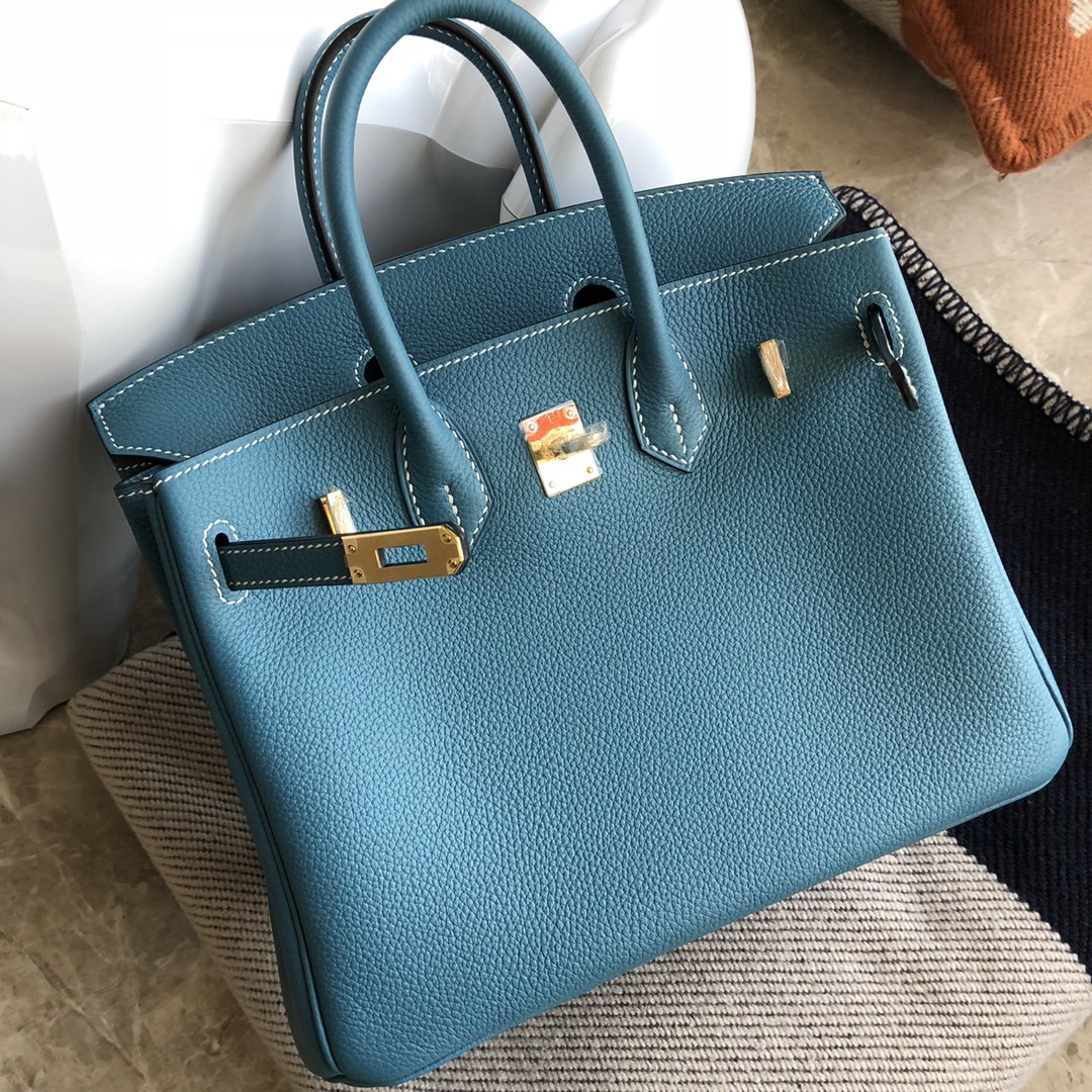 スポットエルメスBirkin25CMエルメスS7ガリシアブルートーゴカーフスキンプラチナバッグゴールドバックル