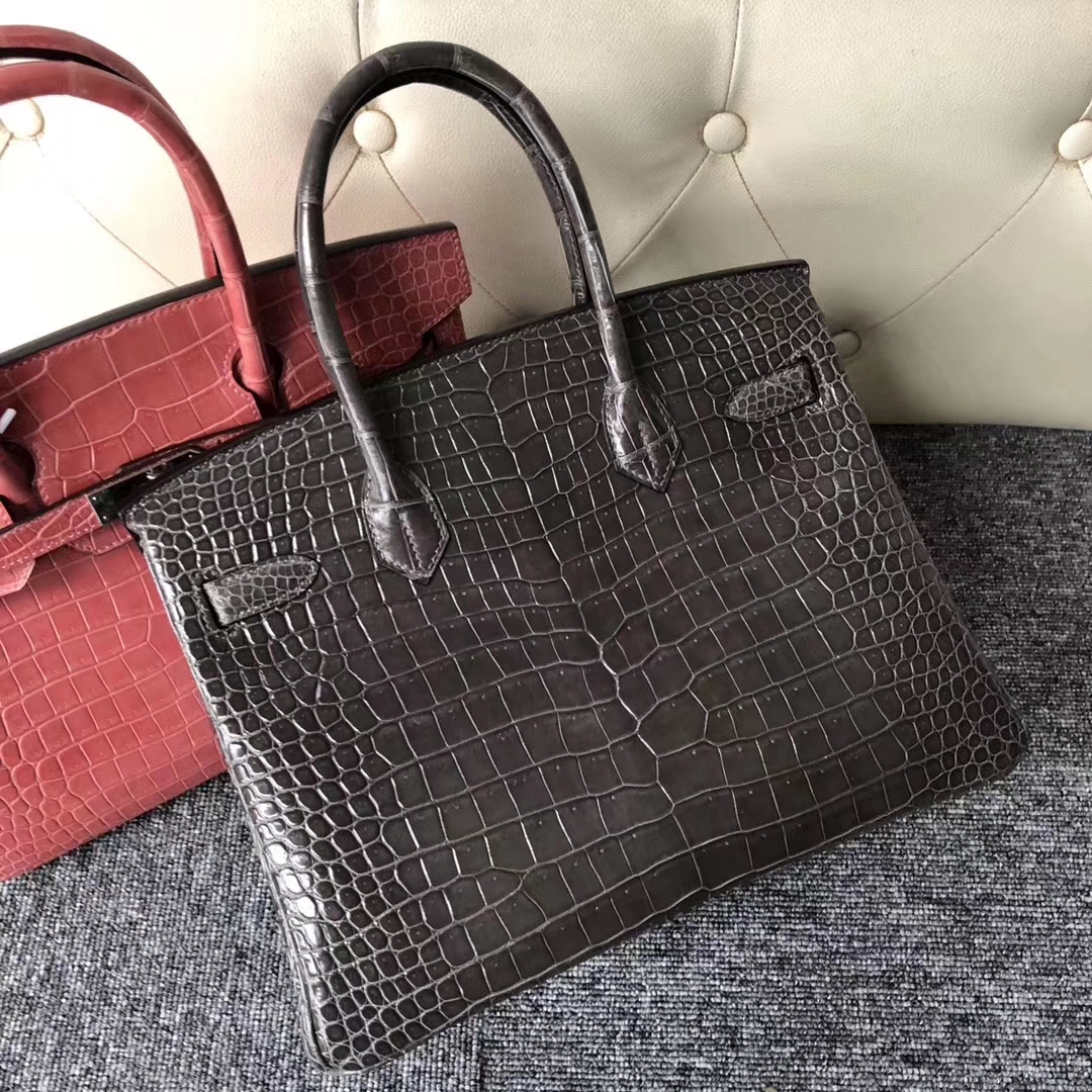 スポットエルメスバッグ公式サイトエルメスCK88グラファイトグレーシャイニークロコダイルレザープラチナバッグBirkin30CMゴールドバックル