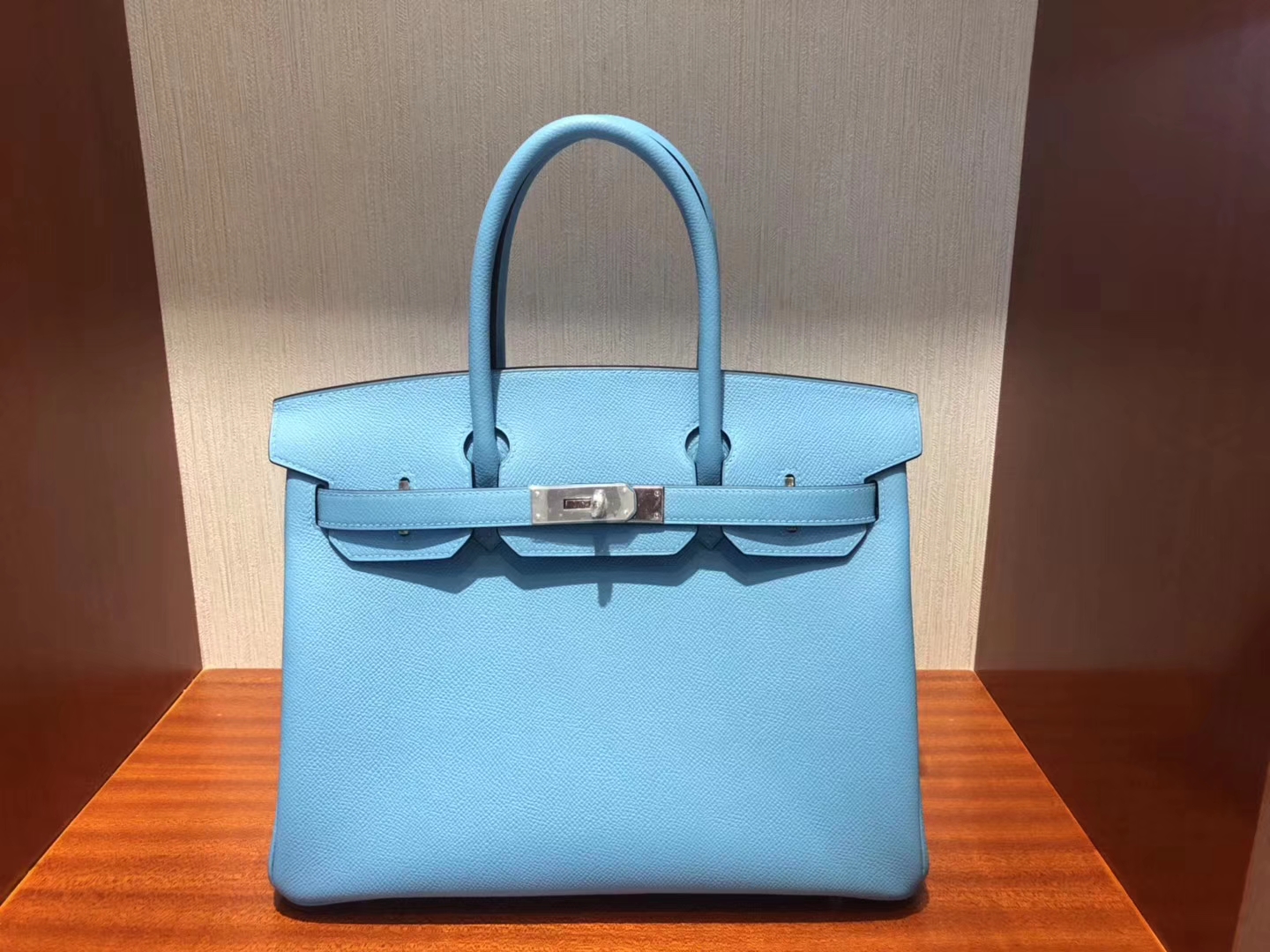 スポットエルメスエルメス2019最新カラーP3ノーザンブルーパームグレイン牛革プラチナバッグBirkin30CMシルバーバックル