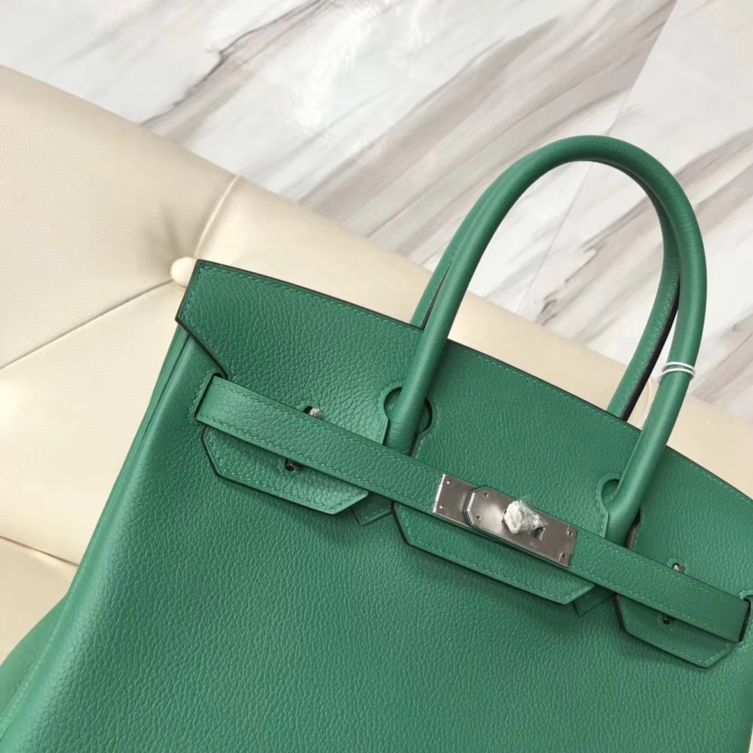 エルメスバーキンバッグエルメスオリジナルライチグレイン牛革プラチナバッグBirkin30CMU4ベルベットグリーンシルバーバックル