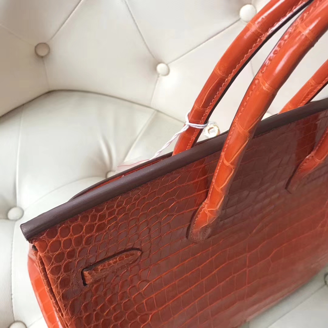 エルメスバーキンレディースバッグエルメスシャイニークロコダイルレザープラチナバッグBirkin35CM8Vポピーオレンジゴールドバックル