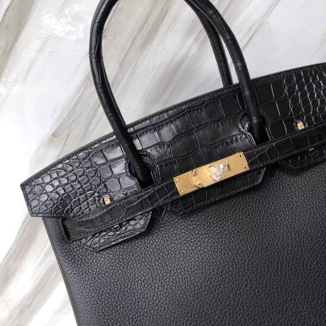 カスタムエルメスBirkin30CMエルメスプラチナバッグCK89ブラックマットクロコダイルレザー、トーゴ牛革ゴールドバックル付き