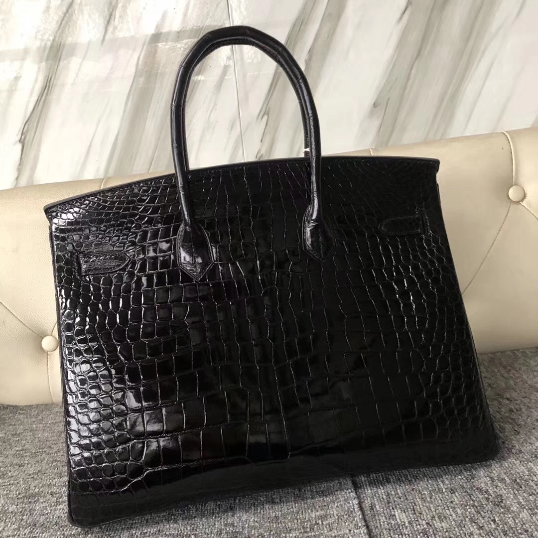 カスタムエルメスBirkin35CMエルメスck89ブラックシャイニークロコダイルレザープラチナバッグシルバーバックル