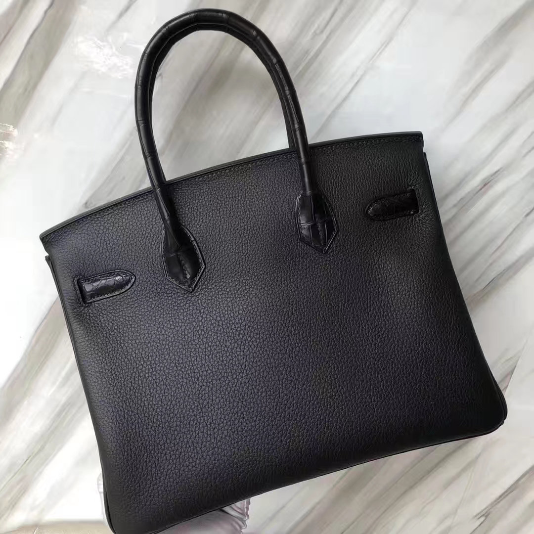 カスタムエルメスBirkin30CMエルメスプラチナバッグCK89ブラックマットクロコダイルレザー、トーゴ牛革ゴールドバックル付き