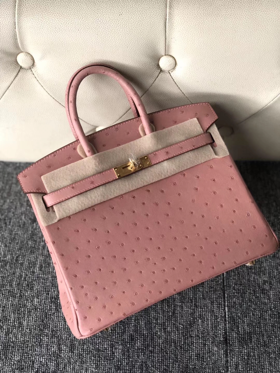 スポットエルメスプラチナバッグ価格エルメストップKKオーストリッチレザーBirkin25CMCC94セラミックパウダーゴールドバックル