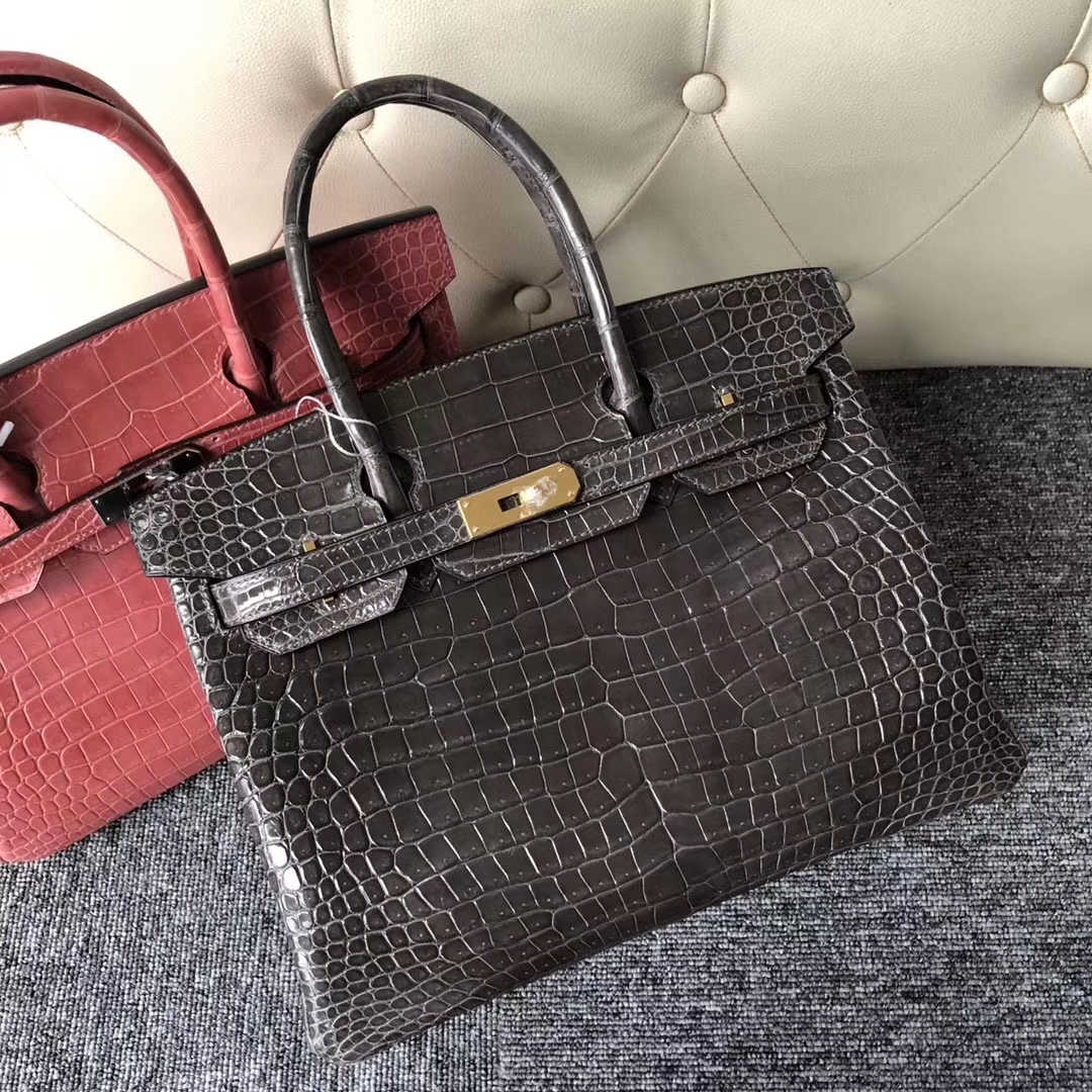 スポットエルメスバッグ公式サイトエルメスCK88グラファイトグレーシャイニークロコダイルレザープラチナバッグBirkin30CMゴールドバックル