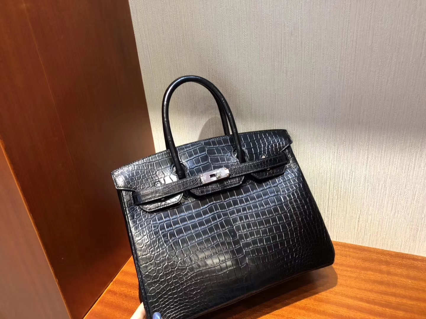 スポットエルメスバーキンバッグエルメスマットクロコダイルレザープラチナバッグBirkin30CMck89ブラックシルバーバックル