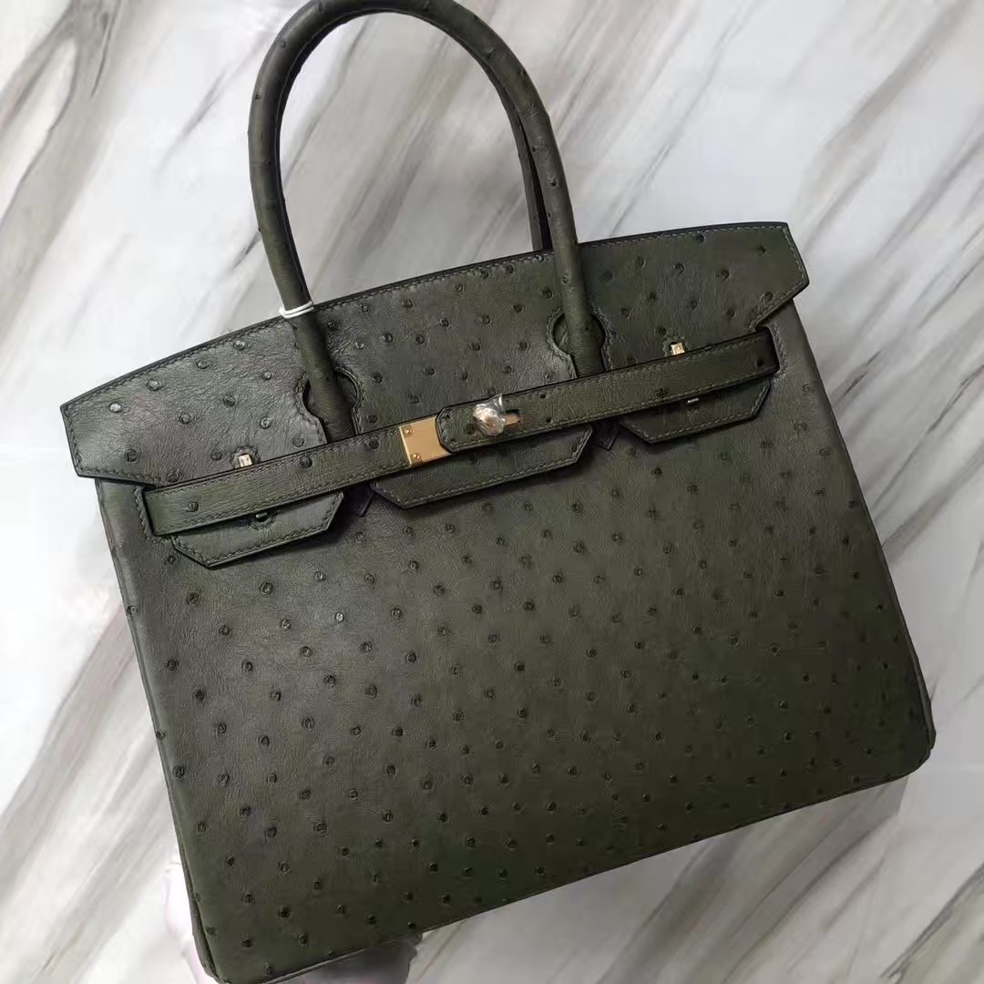 カスタマイズされたエルメスバーキンバッグエルメスオリジナルKKオーストリッチレザープラチナバッグBirkin30CMV6ジャングルグリーンゴールドバックル