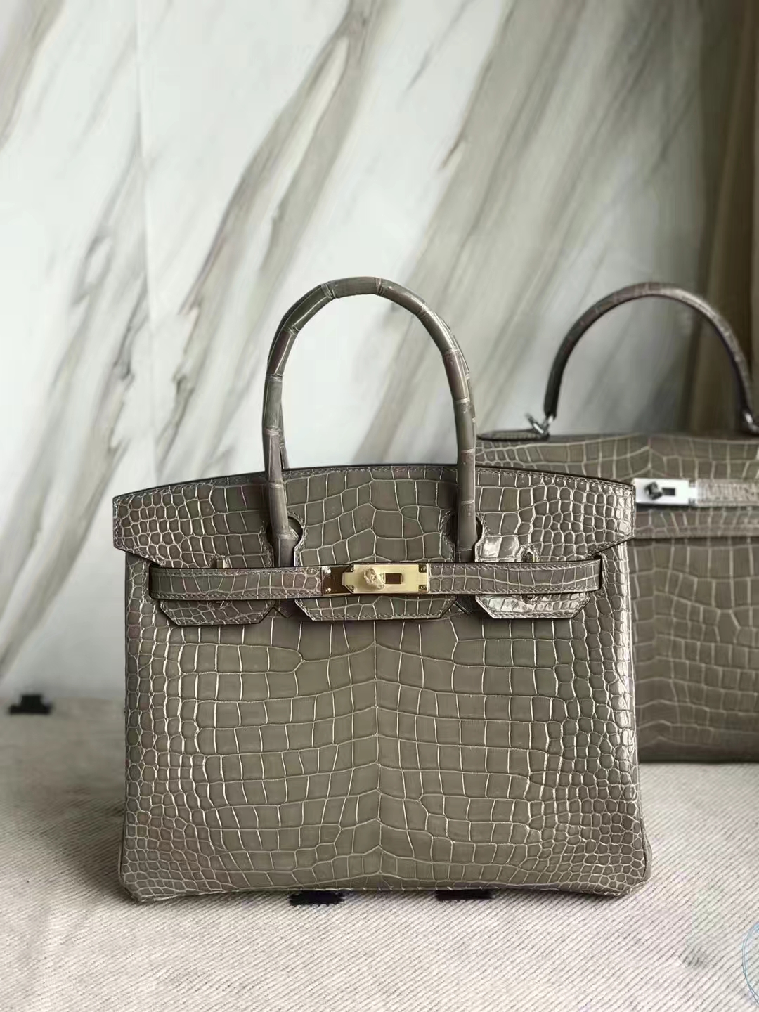 エルメスバーキンバッグエルメスシャイニークロコダイルレザーC81ターコイズグレープラチナバッグBirkin30CMゴールドバックル