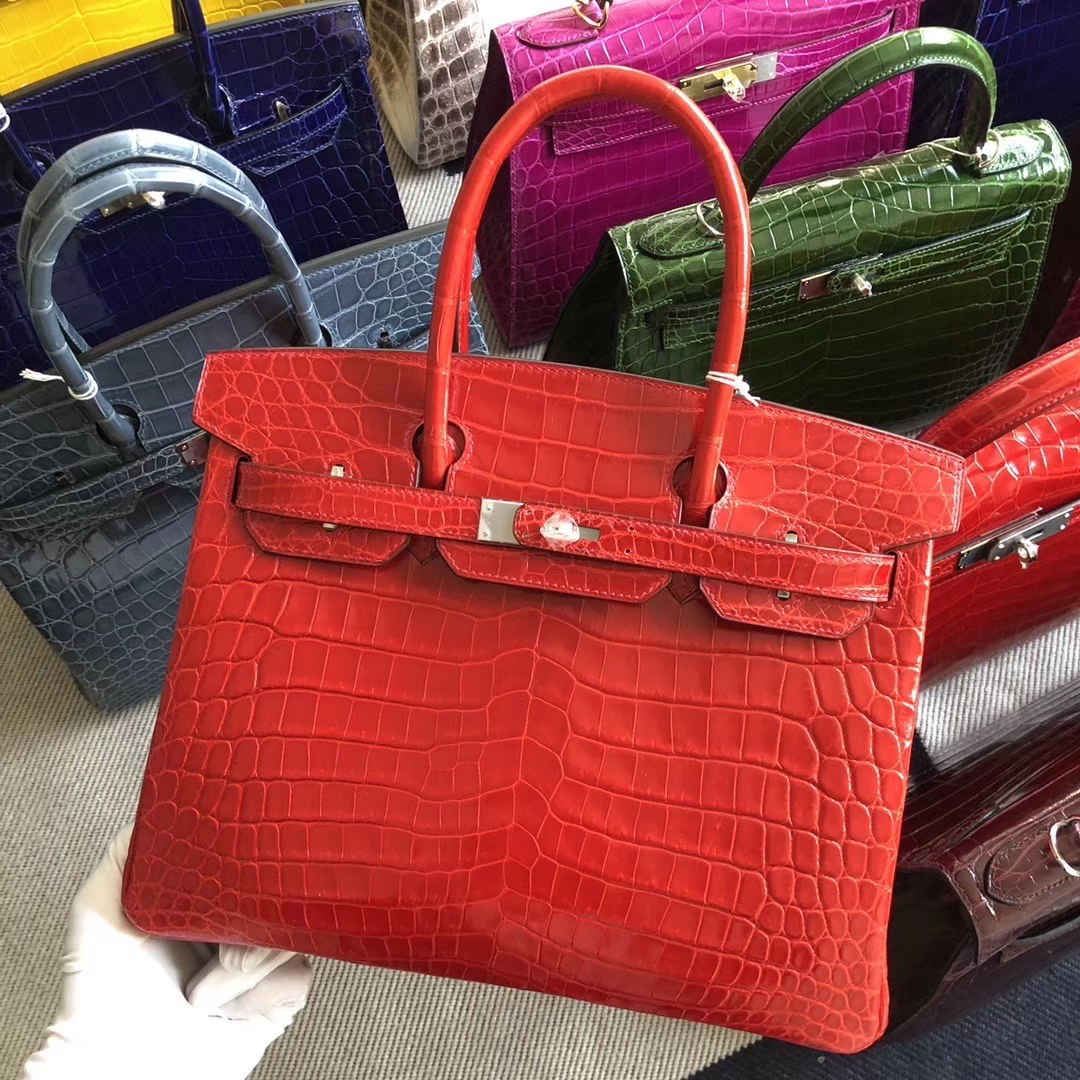 スポットエルメスプラチナバッグ卸売エルメス光沢のあるクロコダイルレザーBirkin30CMCK95フェラーリレッドゴールドバックル