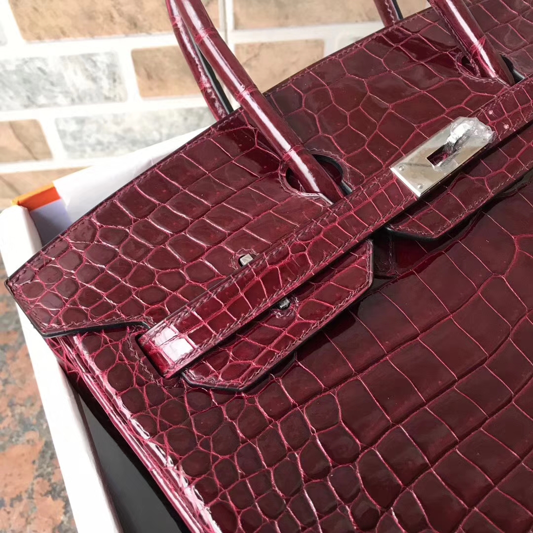 エルメスバーキンレディースバッグエルメスシャイニーベイクロコダイルレザープラチナバッグBirkin35CMF5ニューワインレッドシルバーバックル