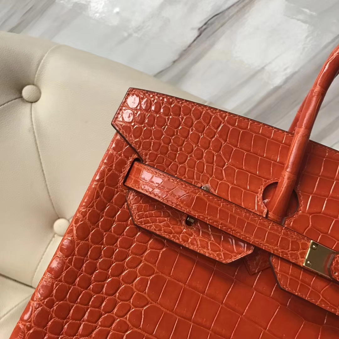 エルメスバーキンレディースバッグエルメスシャイニークロコダイルレザープラチナバッグBirkin35CM8Vポピーオレンジゴールドバックル