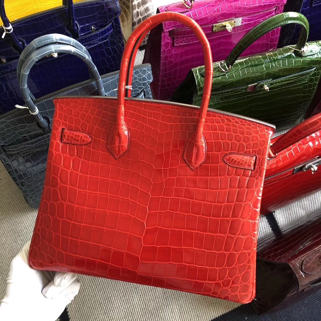 スポットエルメスプラチナバッグ卸売エルメス光沢のあるクロコダイルレザーBirkin30CMCK95フェラーリレッドゴールドバックル